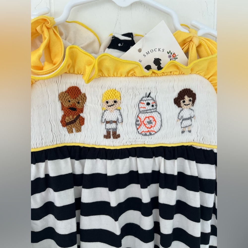 Awe Smocks Star Wats Smocked Stripe Black & White Bubble 1 Piece Yellow Ruffles - Picture 7 of 14